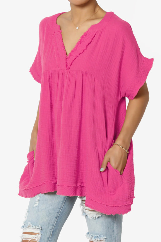 Load image into Gallery viewer, Milly Gauze V-Neck Babydoll Shirt Tunic HOT PINK_3
