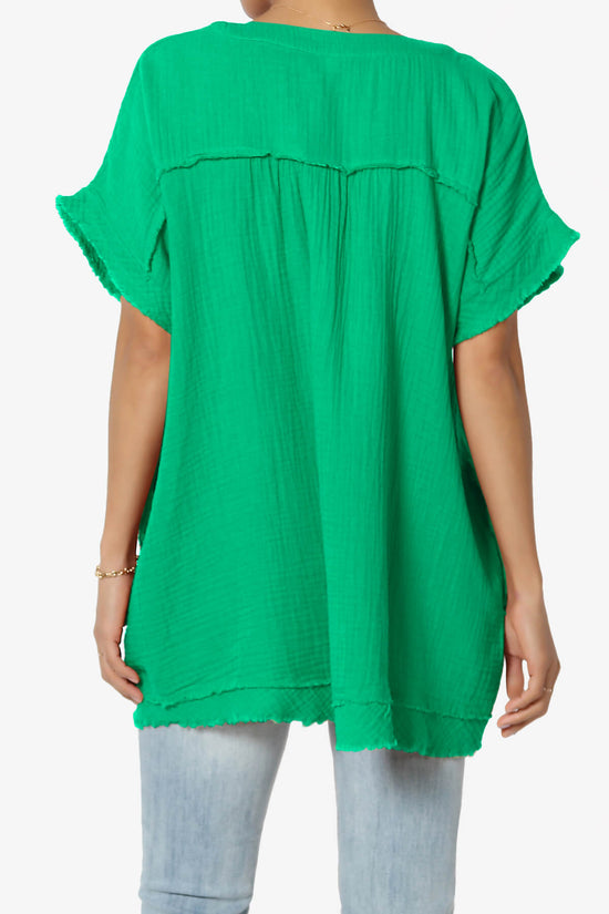 Milly Gauze V-Neck Babydoll Shirt Tunic KELLY GREEN_2
