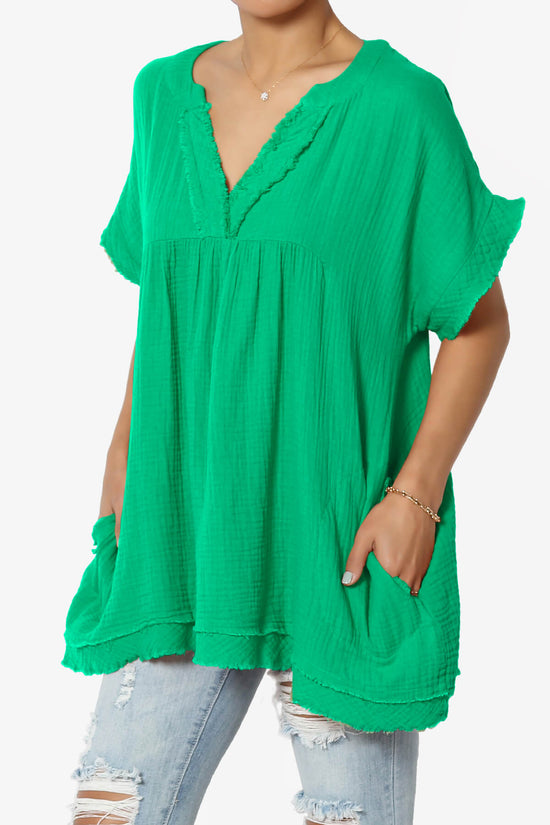 Load image into Gallery viewer, Milly Gauze V-Neck Babydoll Shirt Tunic KELLY GREEN_3
