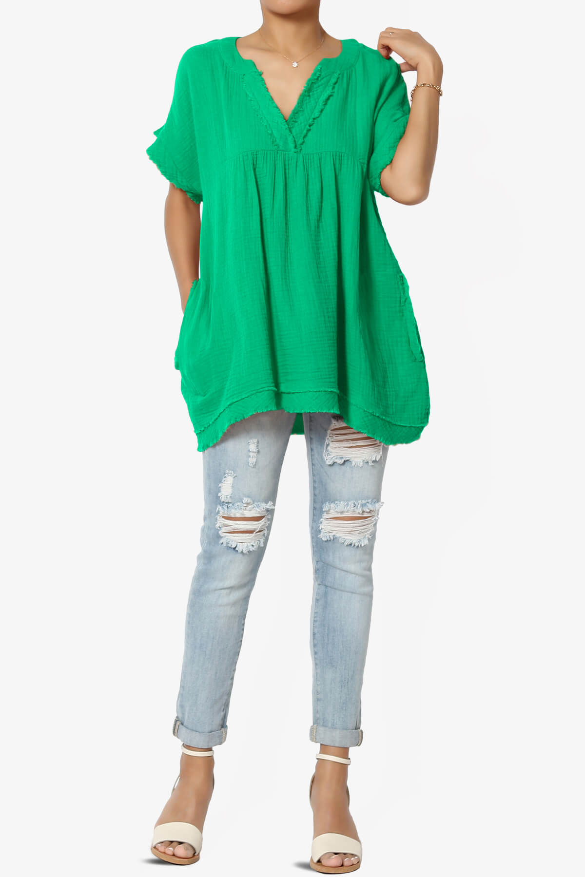 Load image into Gallery viewer, Milly Gauze V-Neck Babydoll Shirt Tunic KELLY GREEN_6
