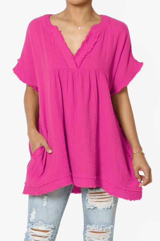 Load image into Gallery viewer, Milly Gauze V-Neck Babydoll Shirt Tunic LT MAGENTA_1
