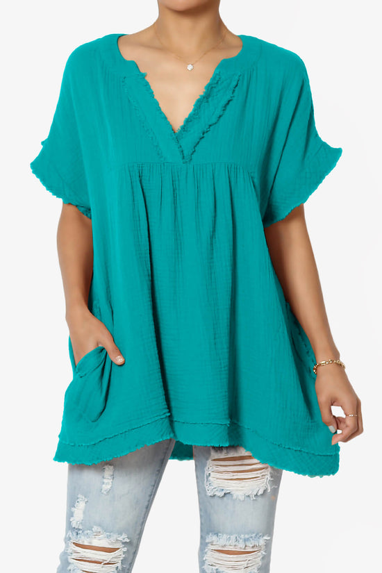 Load image into Gallery viewer, Milly Gauze V-Neck Babydoll Shirt Tunic LT TEAL_1
