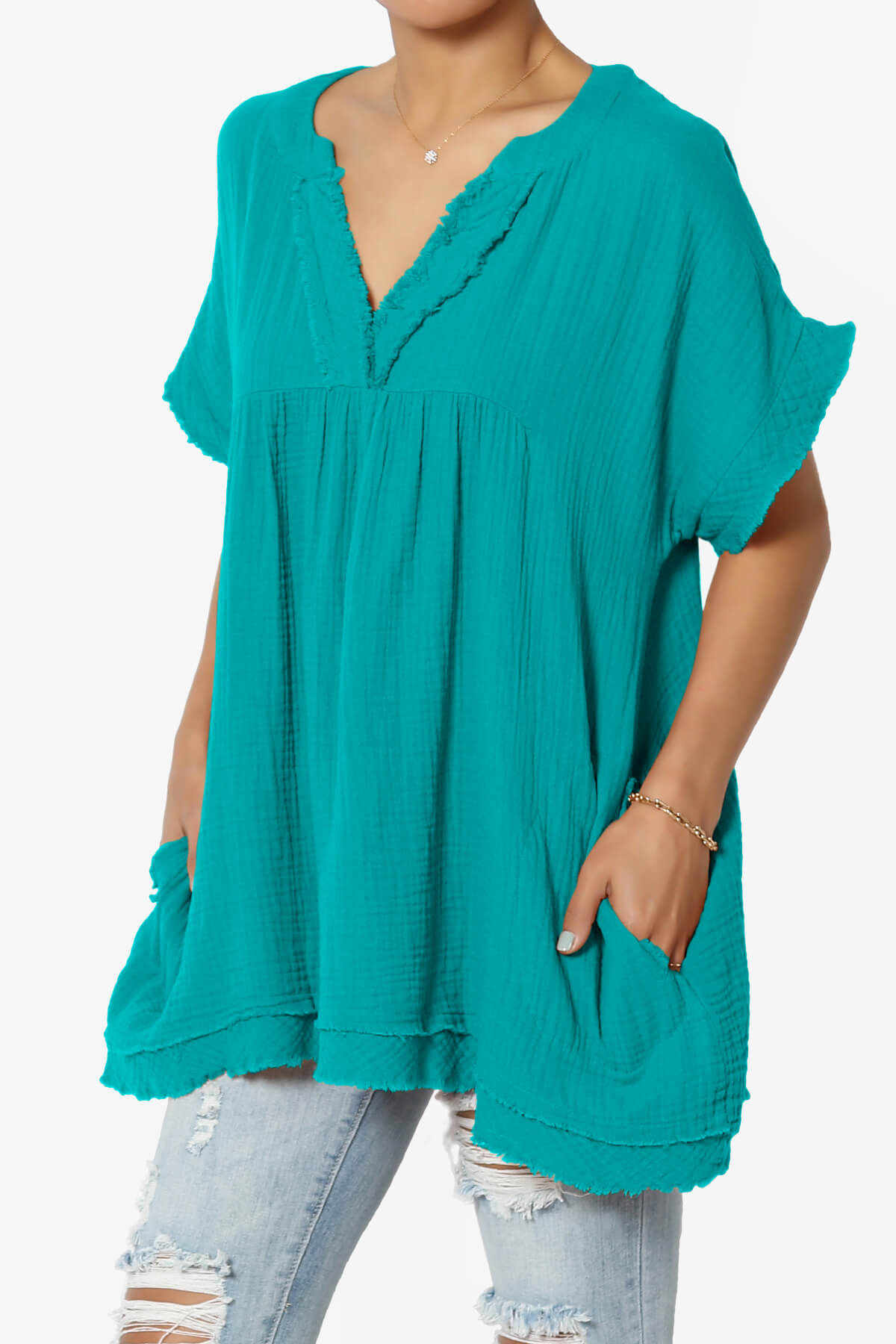 Load image into Gallery viewer, Milly Gauze V-Neck Babydoll Shirt Tunic LT TEAL_3
