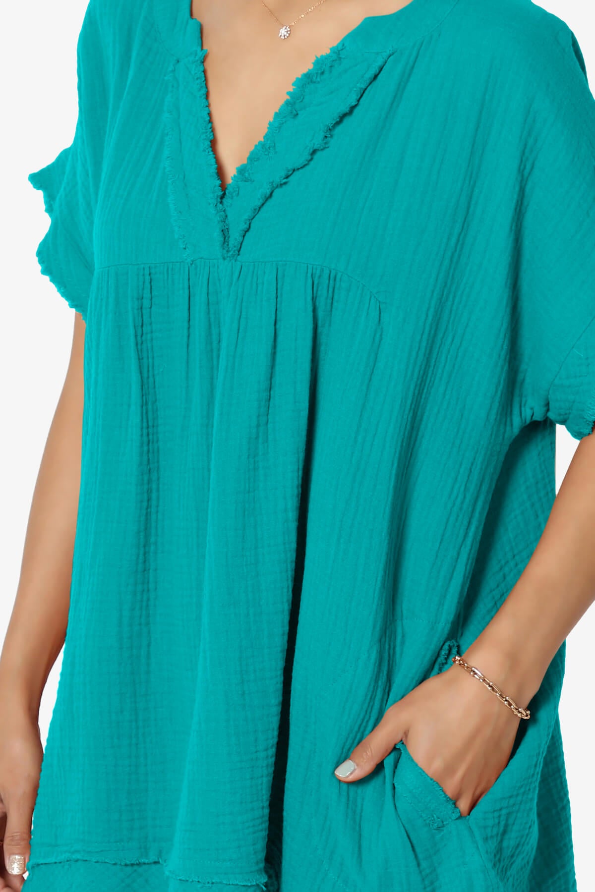 Load image into Gallery viewer, Milly Gauze V-Neck Babydoll Shirt Tunic LT TEAL_5
