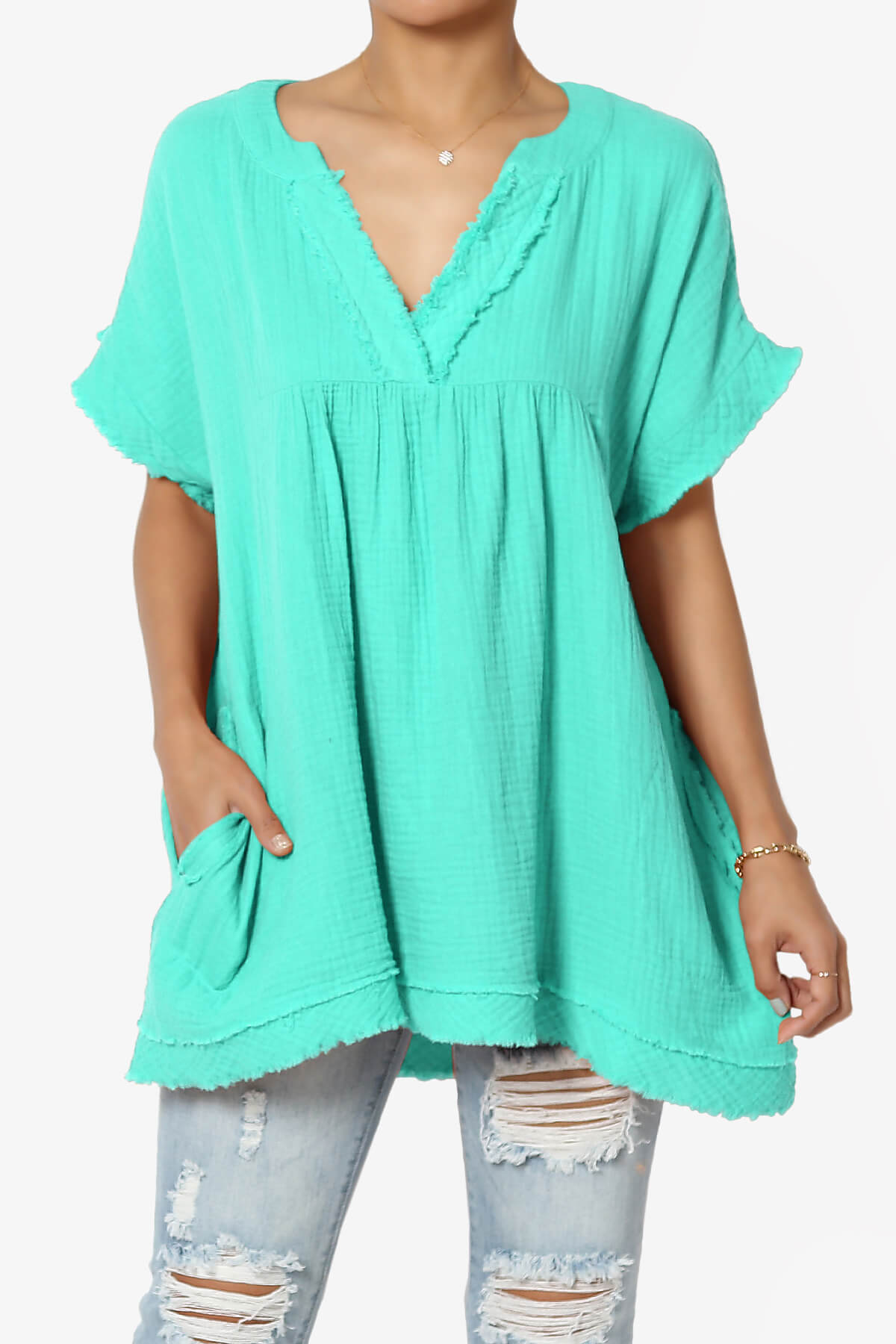 Load image into Gallery viewer, Milly Gauze V-Neck Babydoll Shirt Tunic MINT_1
