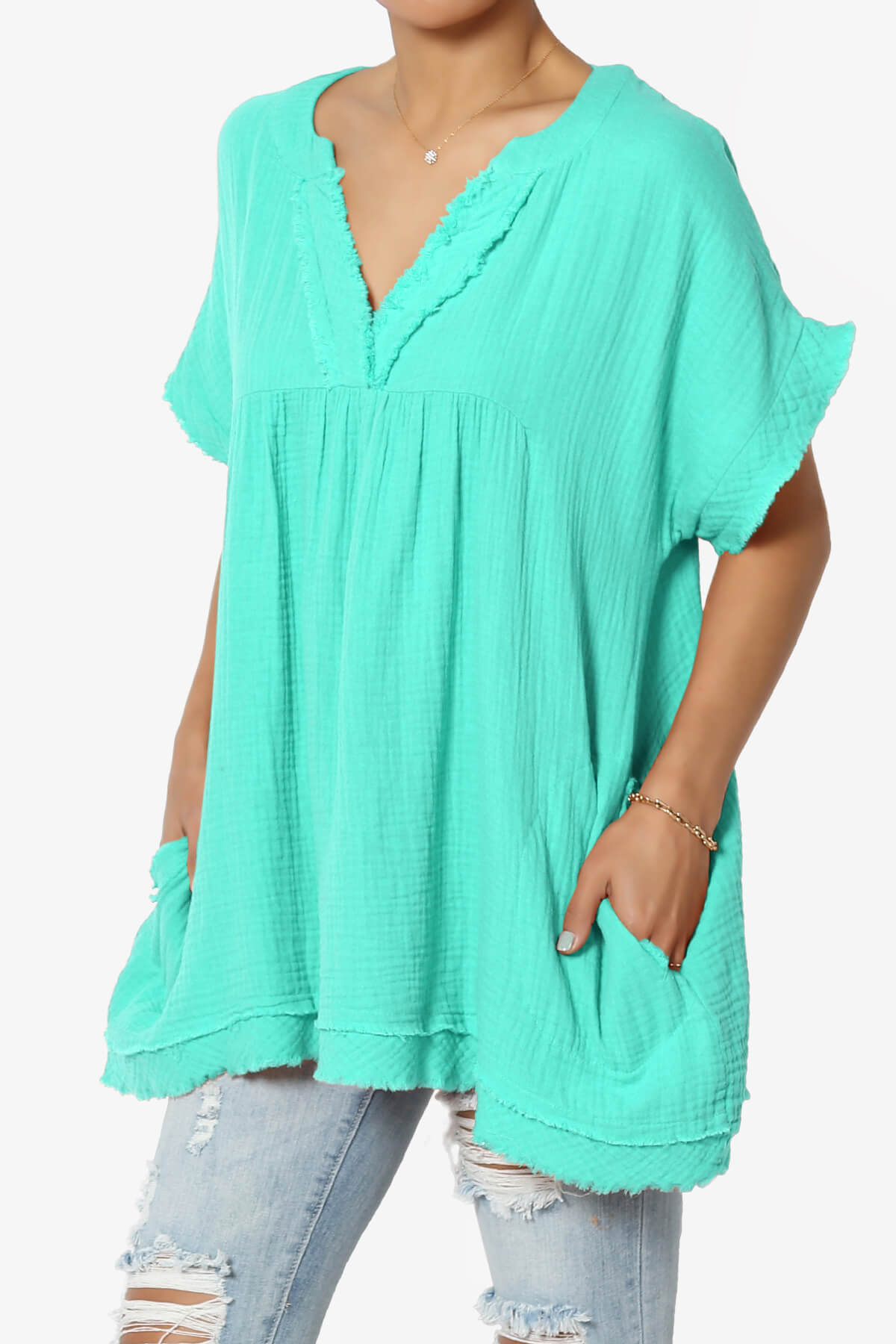 Load image into Gallery viewer, Milly Gauze V-Neck Babydoll Shirt Tunic MINT_3
