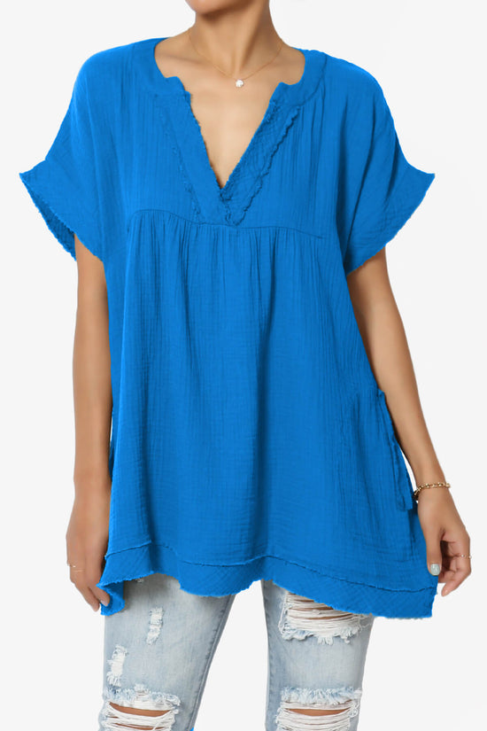 Milly Gauze V-Neck Babydoll Shirt Tunic OCEAN BLUE_1