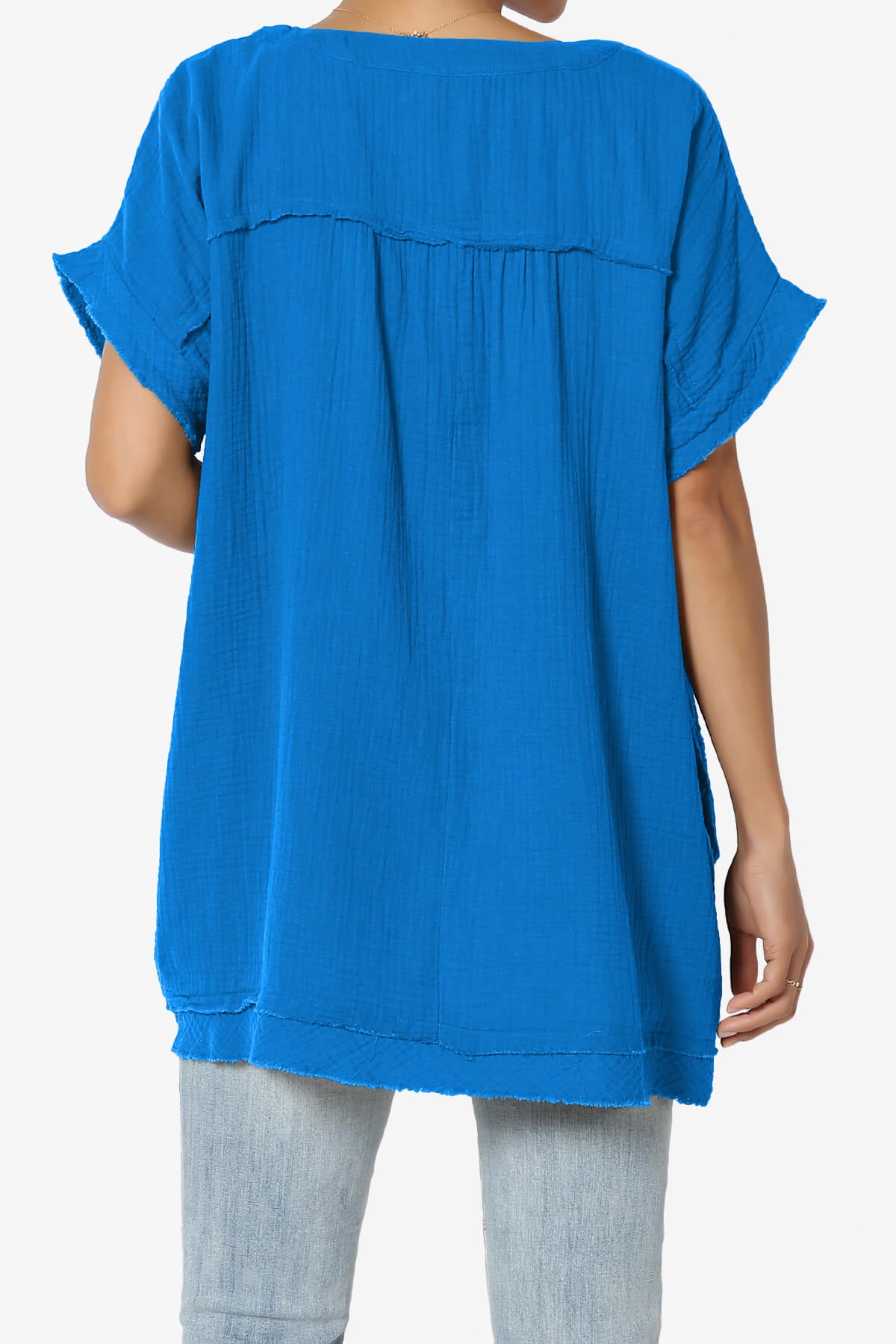 Milly Gauze V-Neck Babydoll Shirt Tunic OCEAN BLUE_2