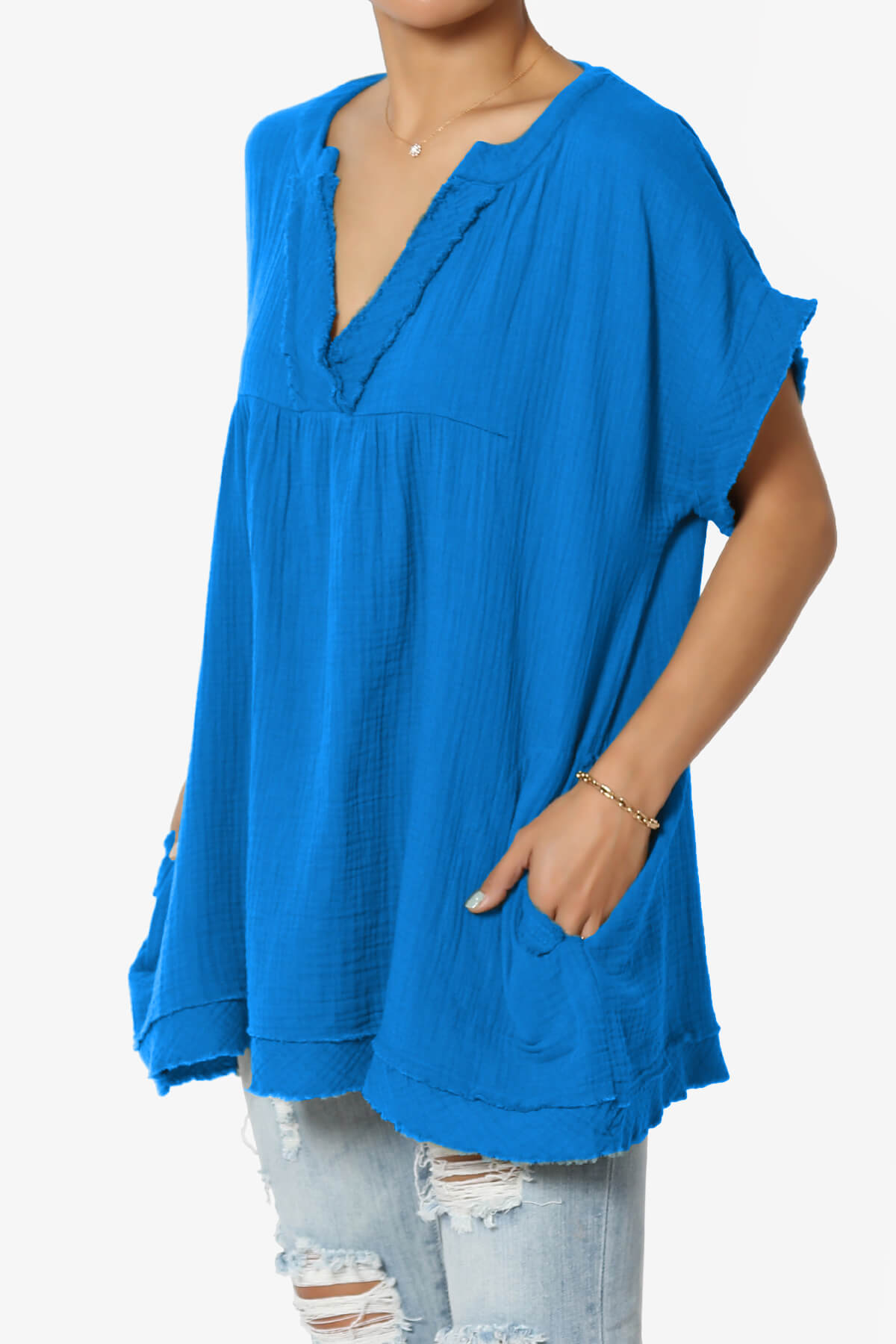 Load image into Gallery viewer, Milly Gauze V-Neck Babydoll Shirt Tunic OCEAN BLUE_3
