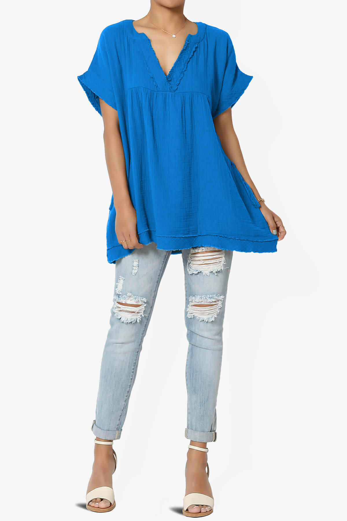Load image into Gallery viewer, Milly Gauze V-Neck Babydoll Shirt Tunic OCEAN BLUE_6
