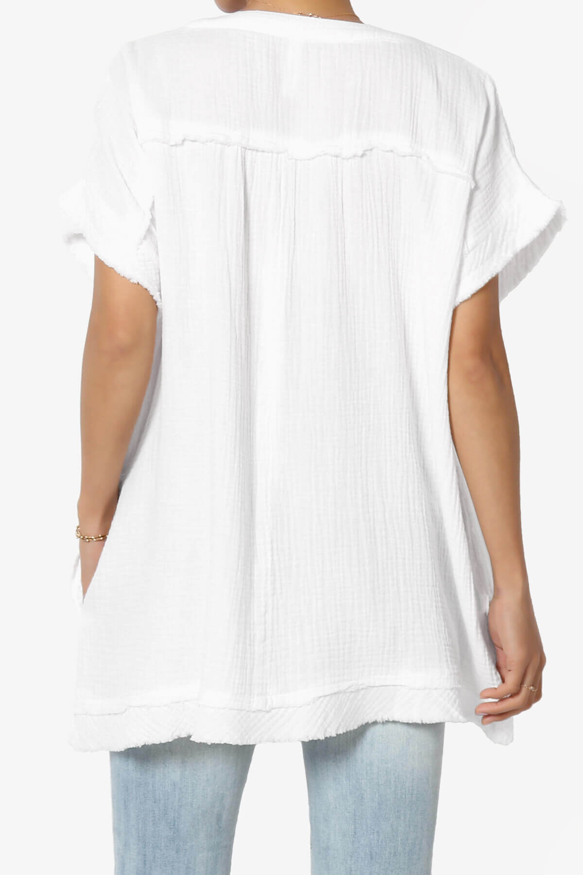 Milly Gauze V-Neck Babydoll Shirt Tunic WHITE_2