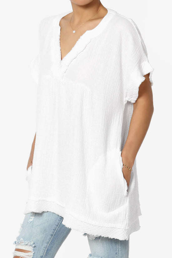 Milly Gauze V-Neck Babydoll Shirt Tunic WHITE_3
