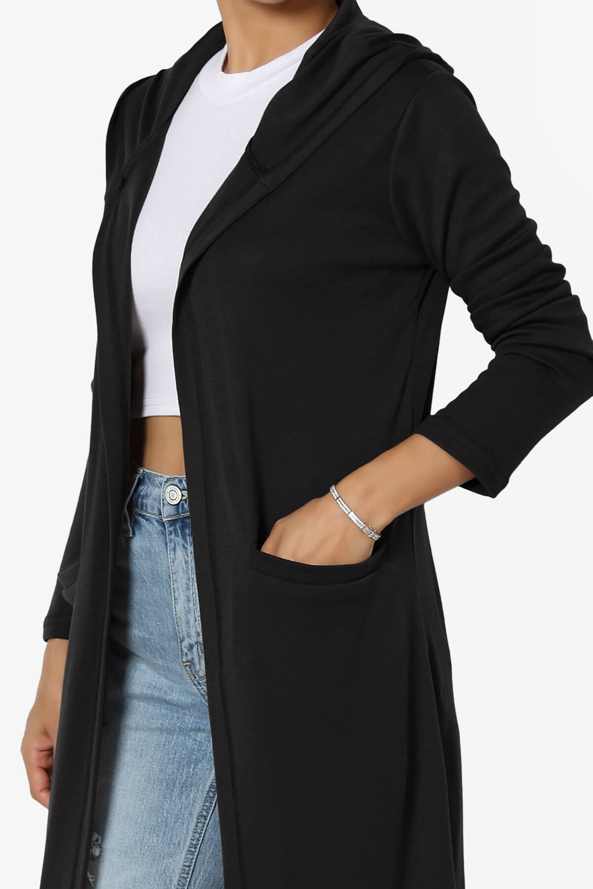 Load image into Gallery viewer, Nataly Open Front Hooded Long Cardigan BLACK_5
