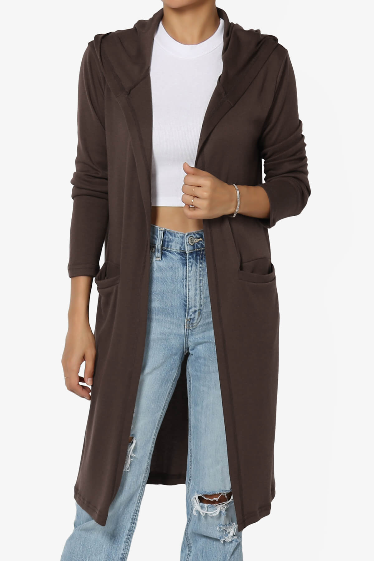 Nataly Open Front Hooded Long Cardigan BROWN_1