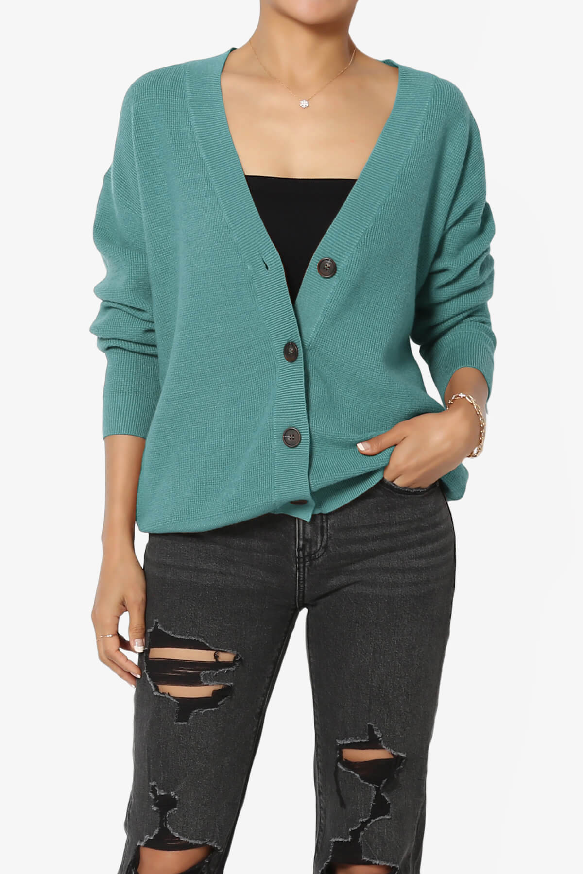 Nicky Micro Waffle Viscose Knit Cardigan DUSTY TEAL_1