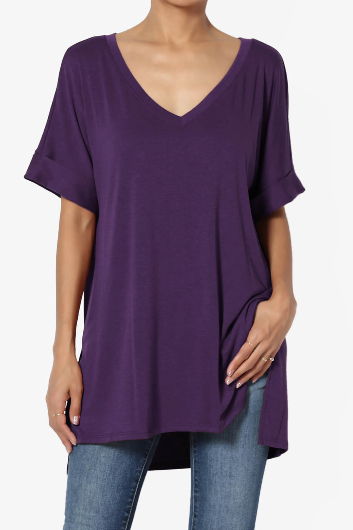 Onella V-Neck Rolled Short Sleeve Top DARK PURPLE_1