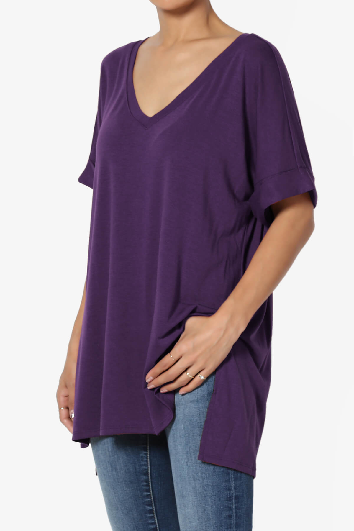 Onella V-Neck Rolled Short Sleeve Top DARK PURPLE_3