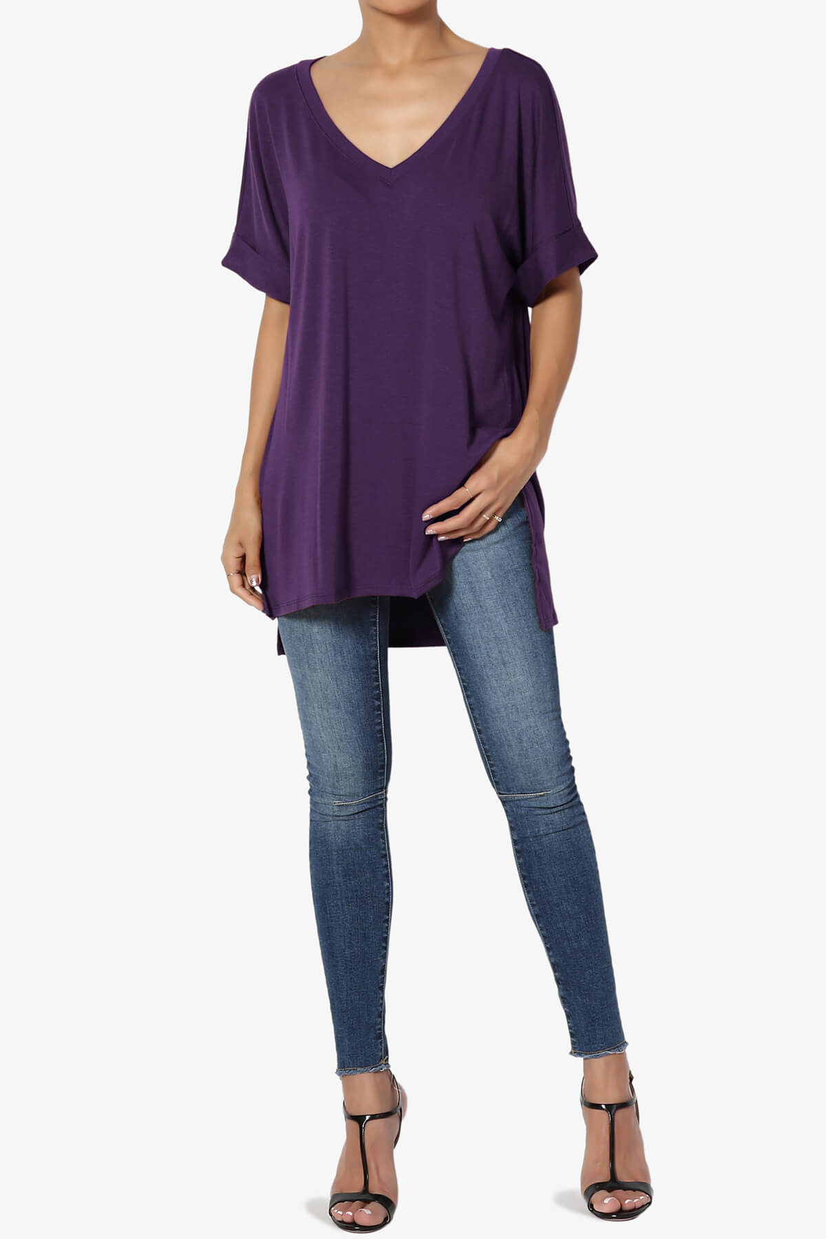Onella V-Neck Rolled Short Sleeve Top DARK PURPLE_6