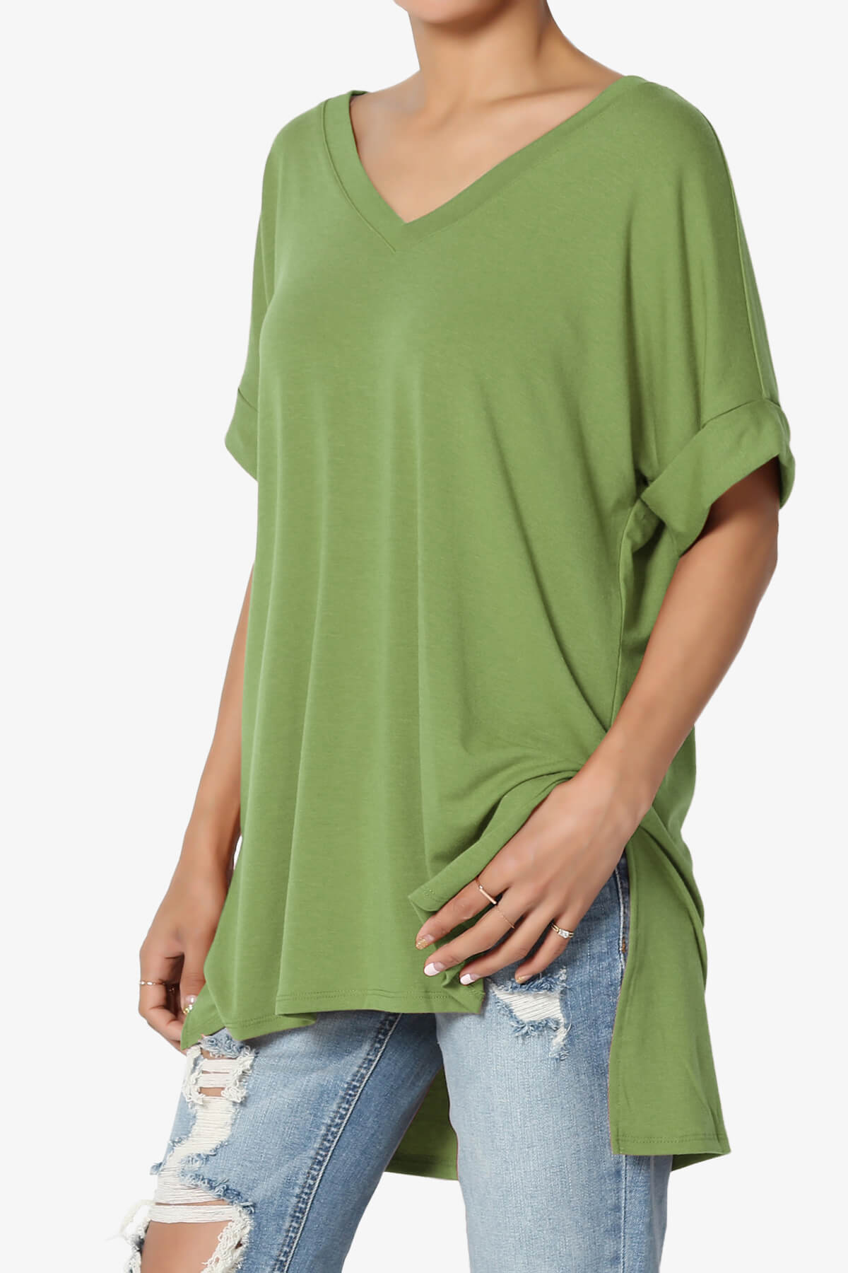Onella V-Neck Rolled Short Sleeve Top KIWI_3