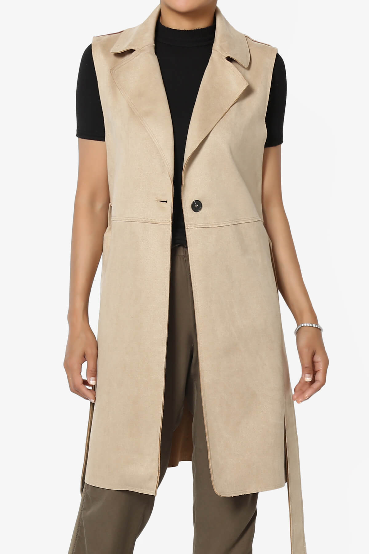 Possession Faux Suede Long Vest Gilet KHAKI_1