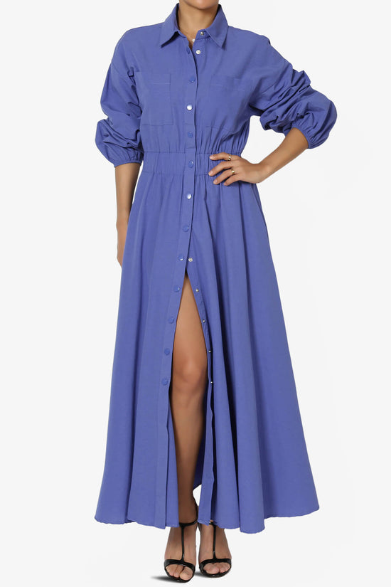 Raffia Button Down Long Shirt Dress BLUE_1