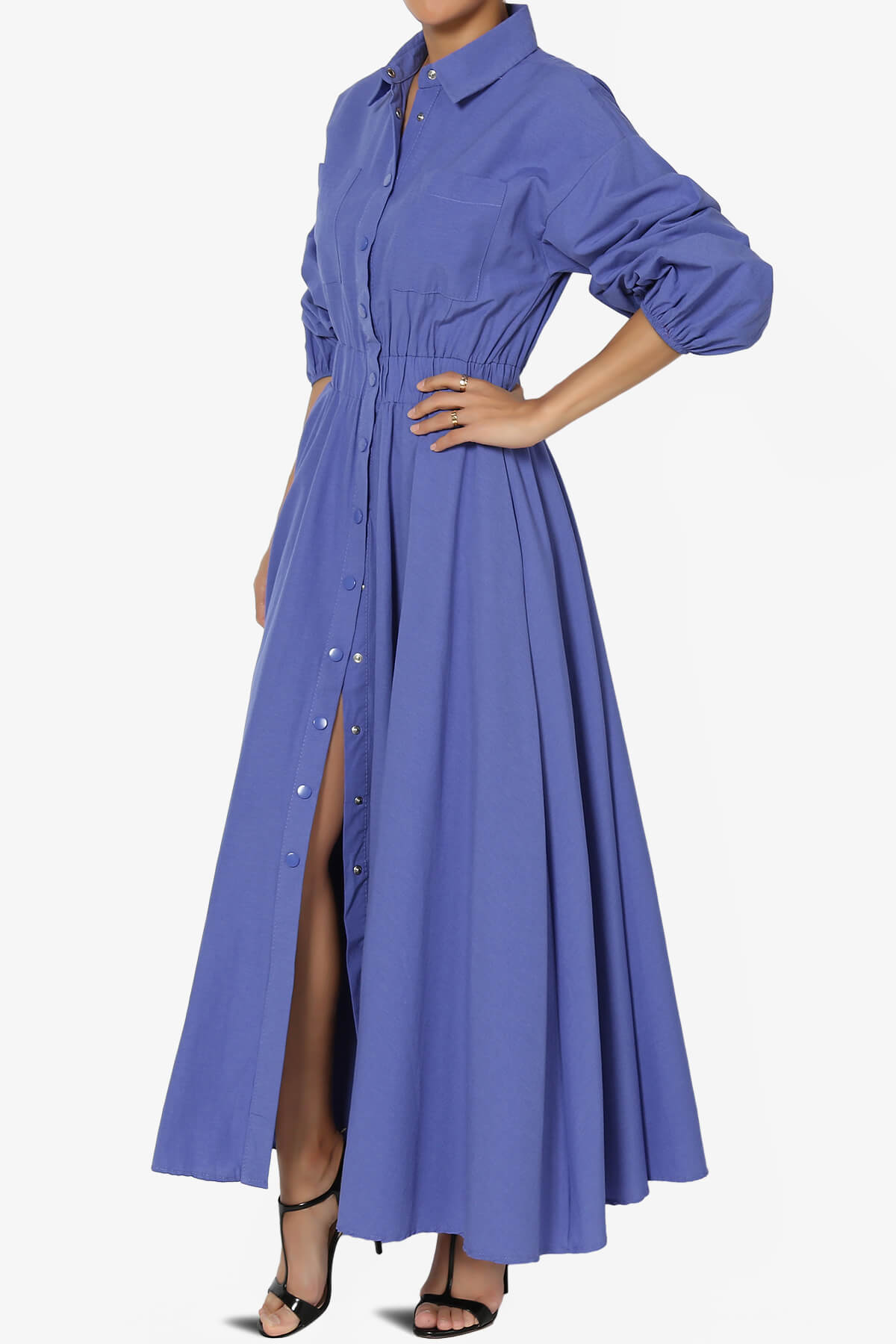Load image into Gallery viewer, Raffia Button Down Long Shirt Dress BLUE_3
