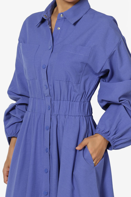 Load image into Gallery viewer, Raffia Button Down Long Shirt Dress BLUE_5
