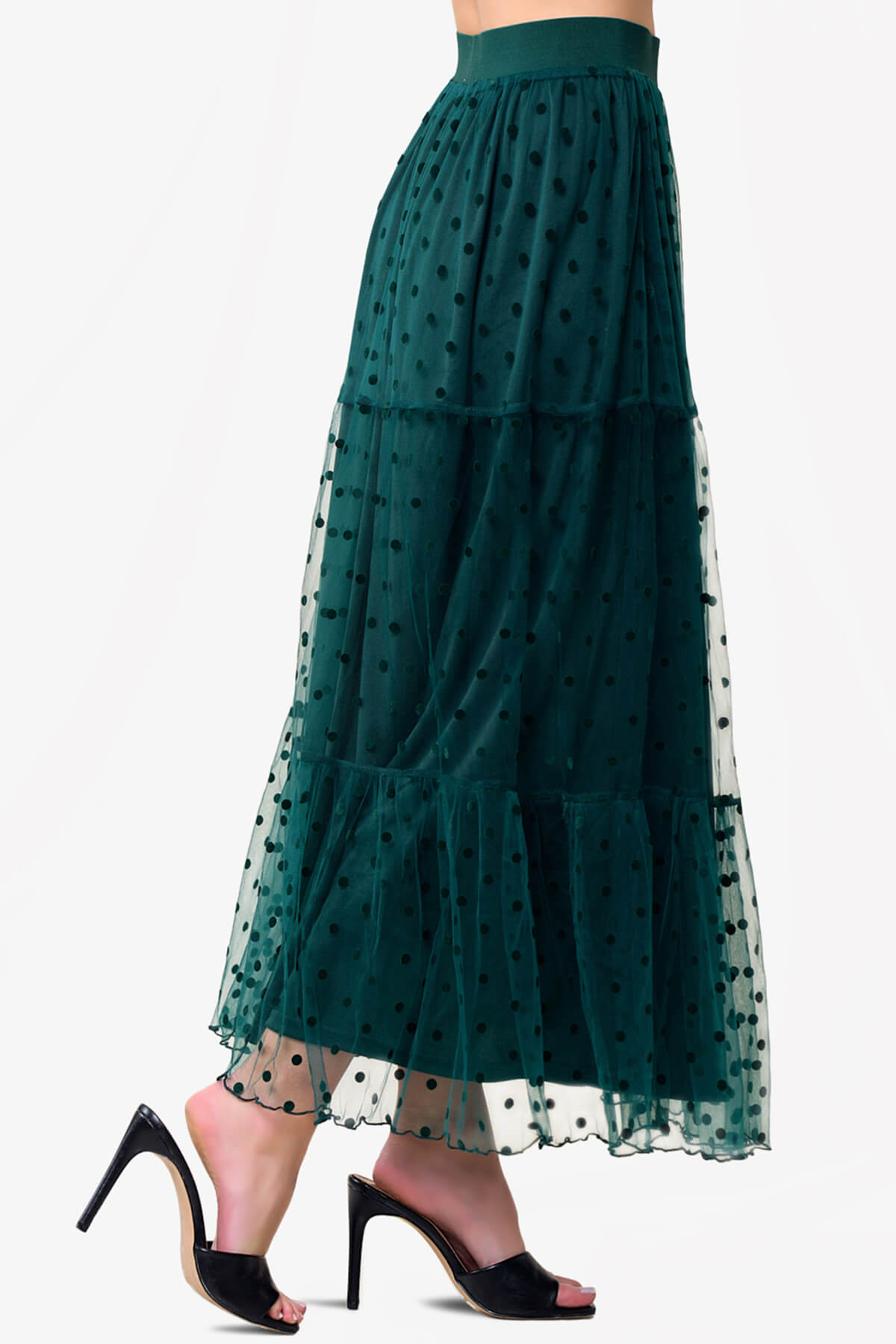 Raige Mesh Dot Tiered A-Line Maxi Skirt FOREST GREEN_3