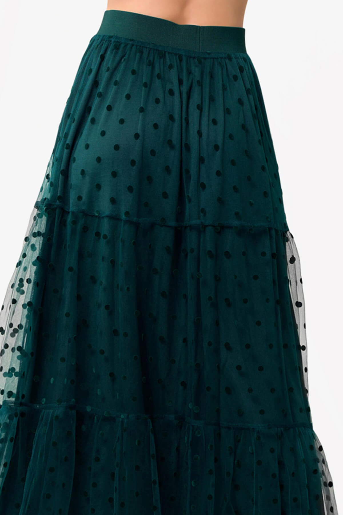 Mesh Dot Elastic High Waist Pleated A-Line Flared Maxi Skirt 