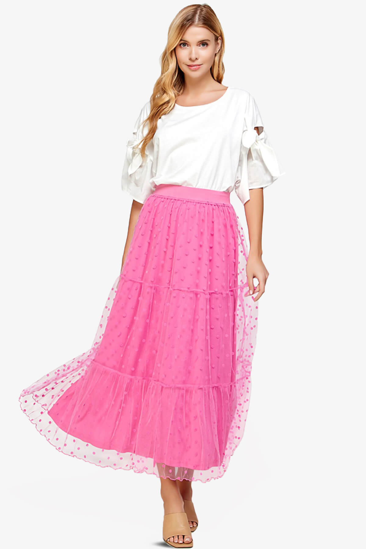 Load image into Gallery viewer, Raige Mesh Dot Tiered A-Line Maxi Skirt FUCHSIA_6

