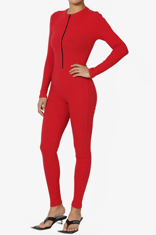 Rebecka Ribbed Zip-Up Long Sleeve Jumpsuit RED_3