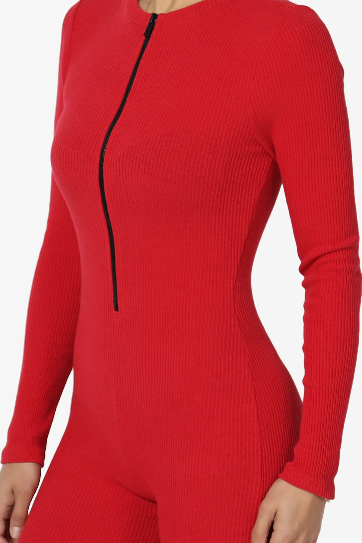 Rebecka Ribbed Zip-Up Long Sleeve Jumpsuit RED_5