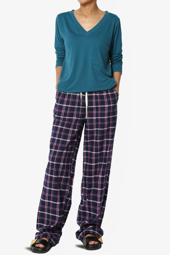 Cozy Plannel Plaid Cotton Pocket Wide Leg Pajama Lounge Pants L / Navy