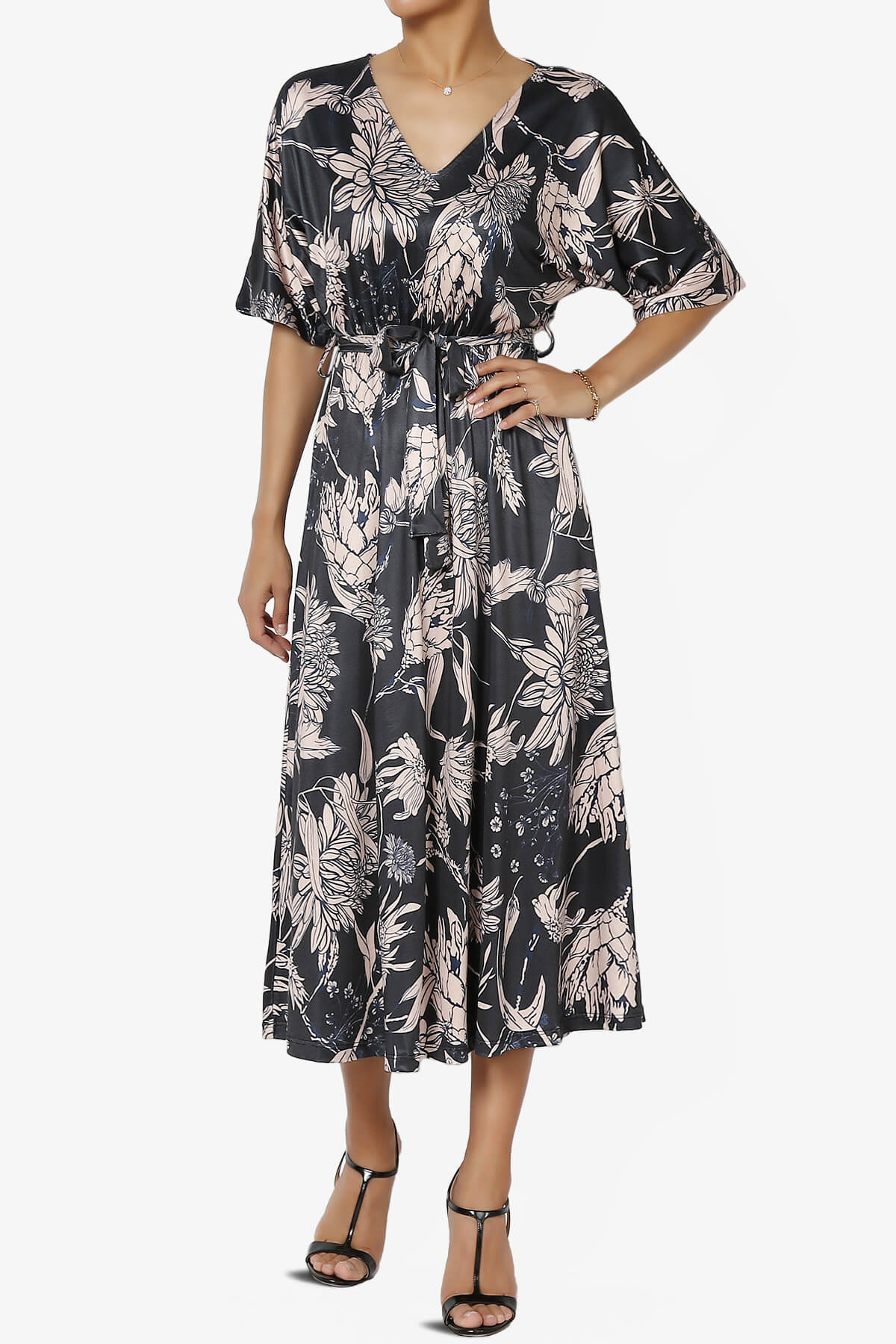 Load image into Gallery viewer, Samarah Floral Kimono Jersey Midi Dress DARK NAVY_1
