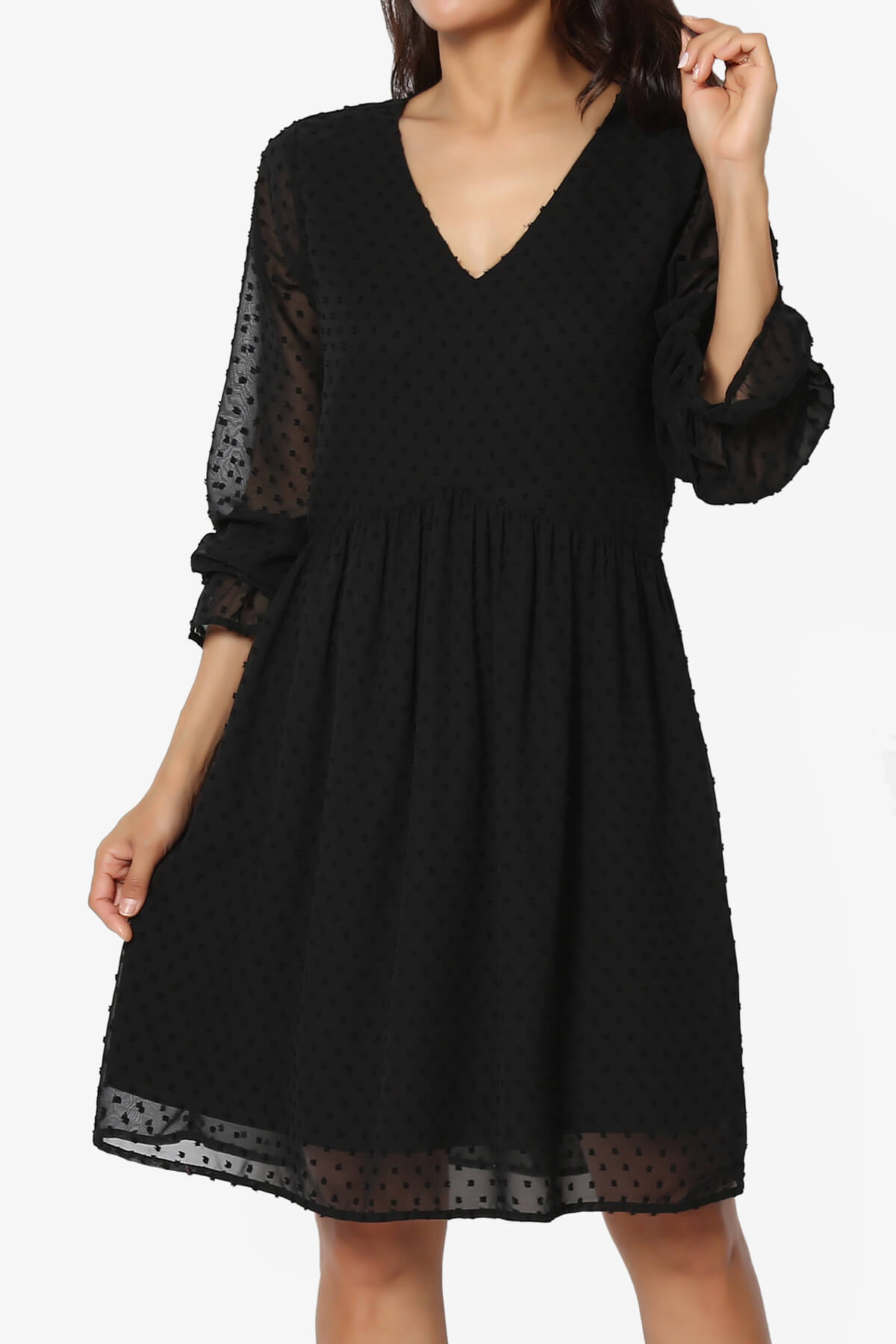 Sandra Swiss Dot Long Sleeve V-Neck Dress BLACK_1