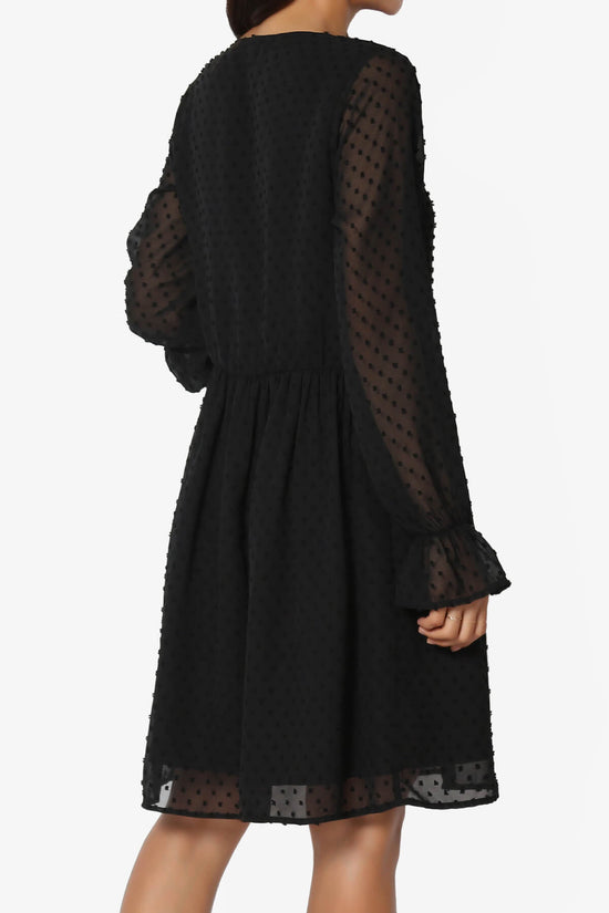 Sandra Swiss Dot Long Sleeve V-Neck Dress BLACK_4