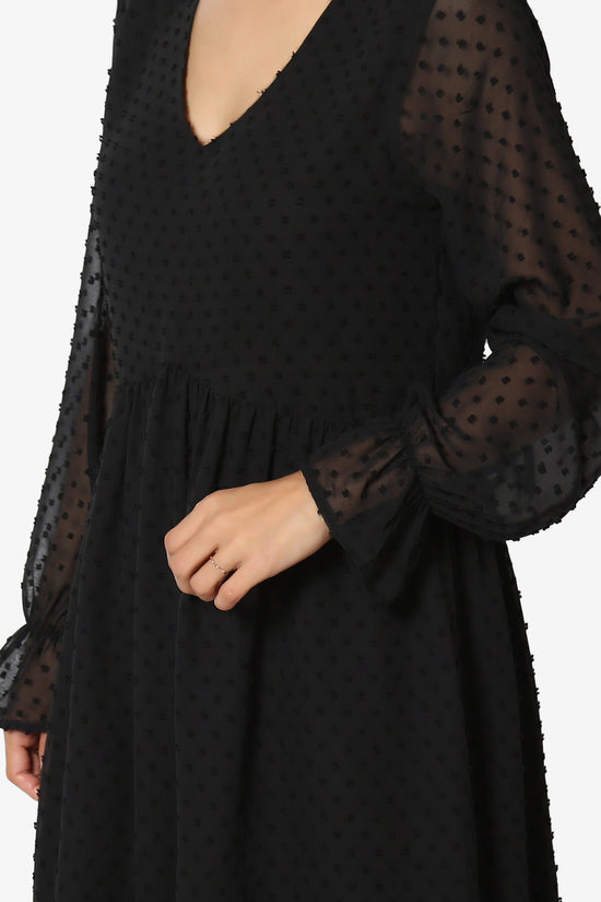 Sandra Swiss Dot Long Sleeve V-Neck Dress BLACK_5