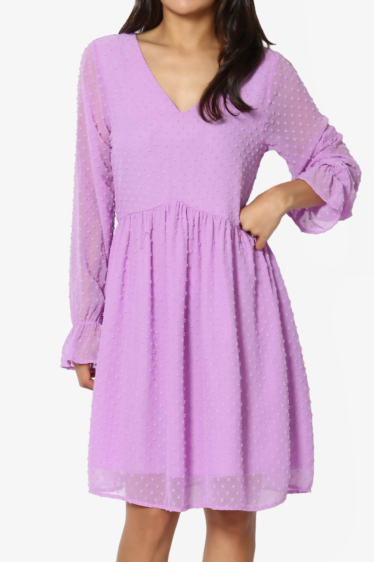 Sandra Swiss Dot Long Sleeve V-Neck Dress BRIGHT LAVENDER_1