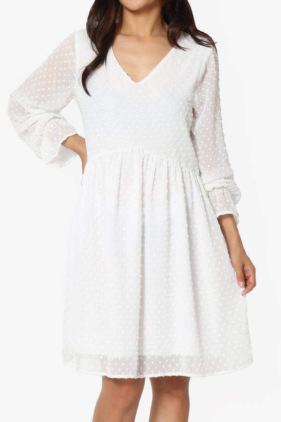 Sandra Swiss Dot Long Sleeve V-Neck Dress WHITE_1