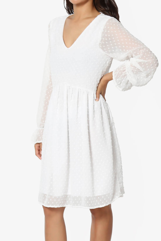 Sandra Swiss Dot Long Sleeve V-Neck Dress WHITE_3