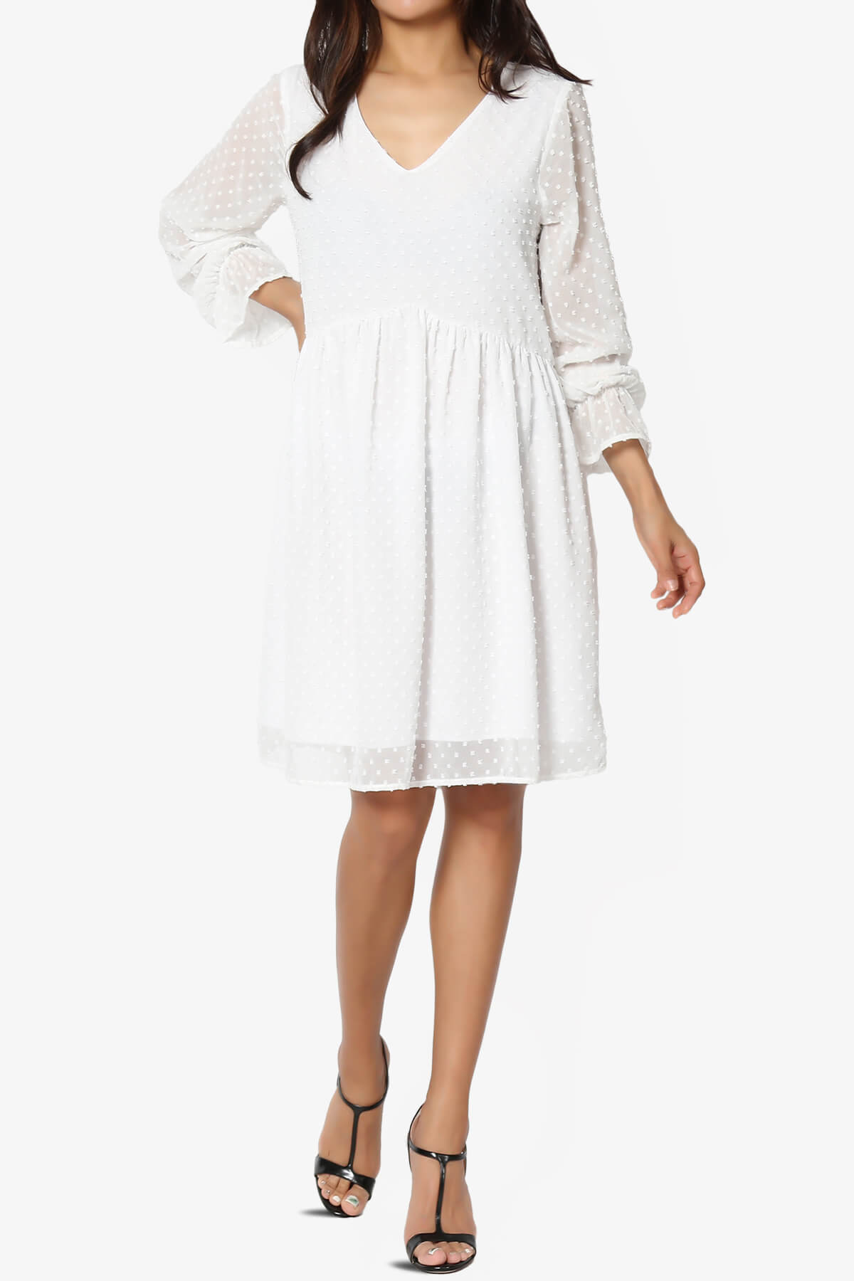 Sandra Swiss Dot Long Sleeve V-Neck Dress WHITE_6