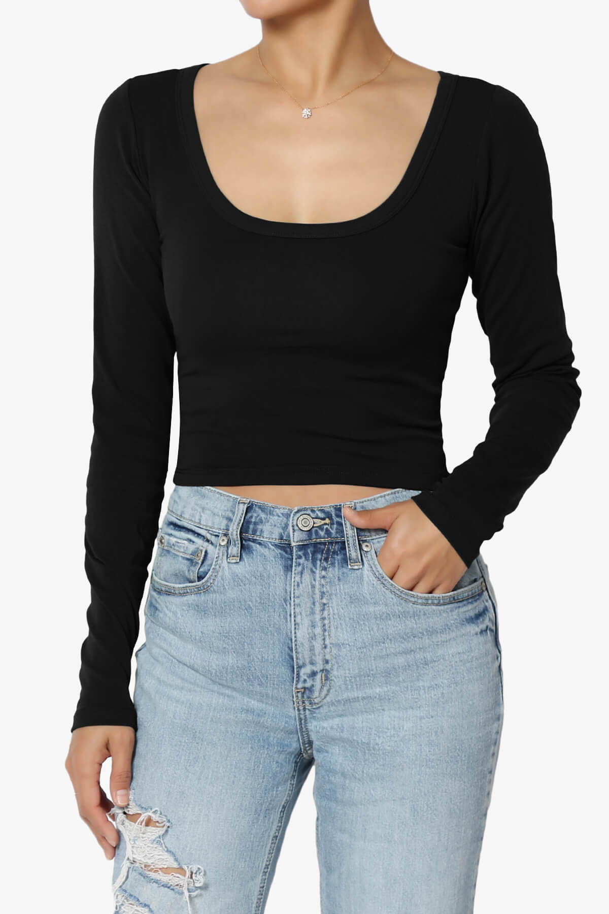 Basic Casual Scoop Neck Long Sleeve T-Shirt Slim Fit Crop Top – TheMogan