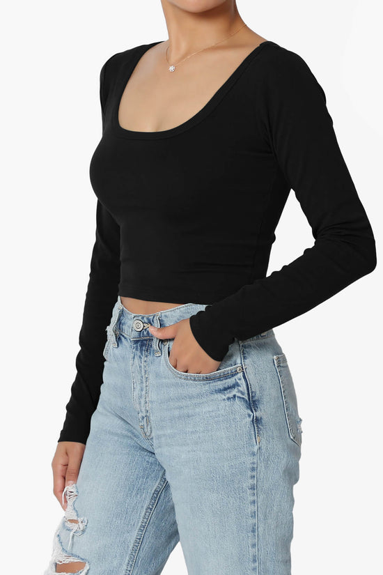 Load image into Gallery viewer, Solly Scoop Neck Long Sleeve Crop T-Shirt BLACK_3
