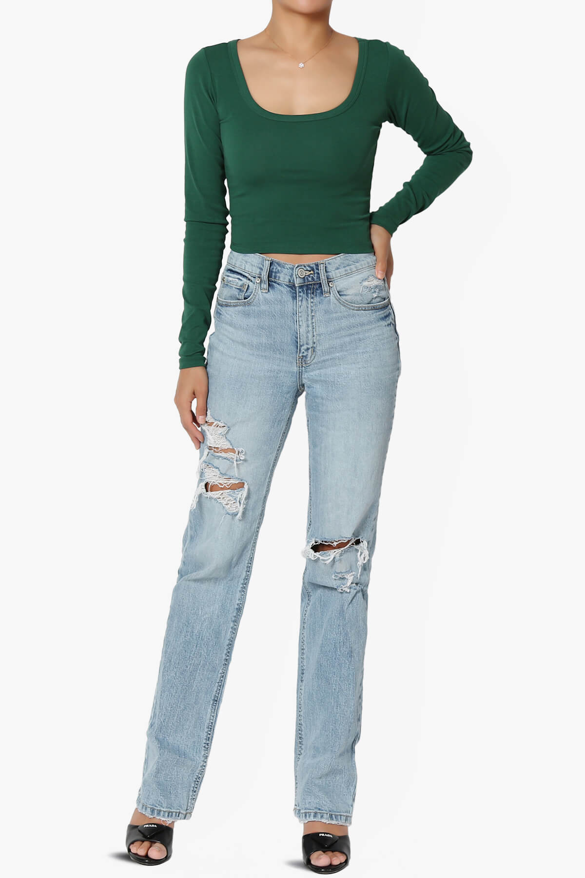 Load image into Gallery viewer, Solly Scoop Neck Long Sleeve Crop T-Shirt DEEP GREEN_6
