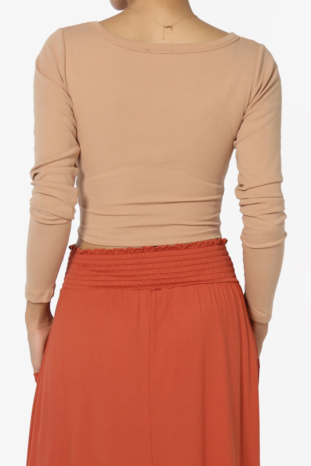 A2Y Women's Basic Solid Stretchable Scoop Neck Long Sleeve Crop Top Orange S