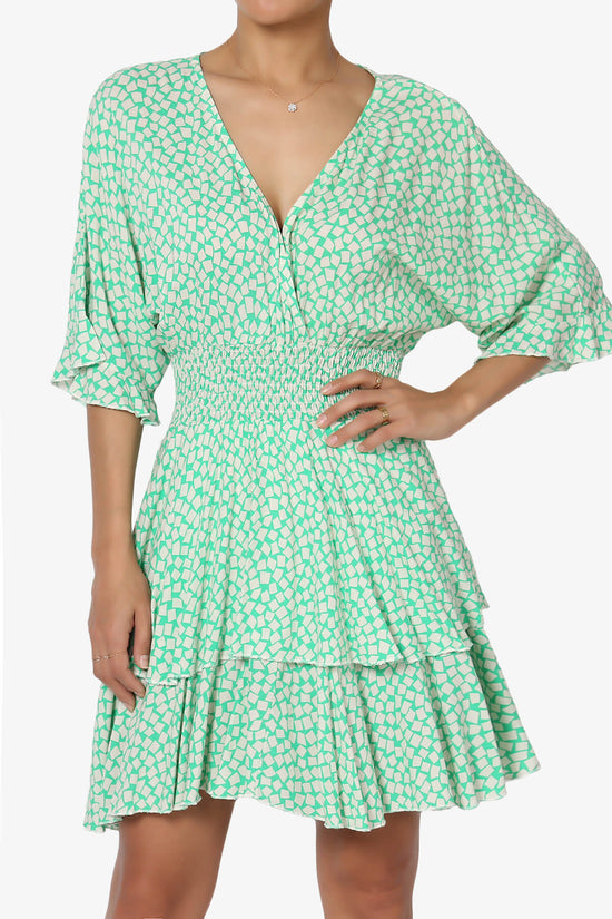Square Print Surplice Mini Dress GREEN_1