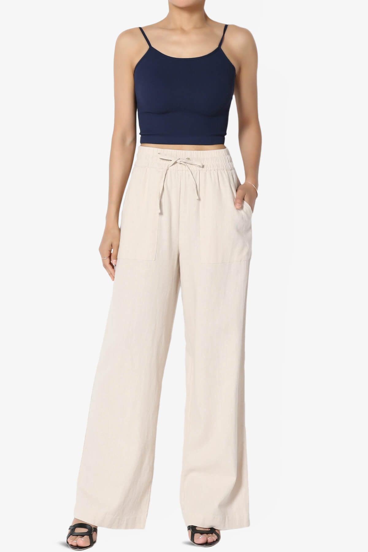 LINEN + POLYESTER/COTTON TAPERED WIDE LEG DRAWSTRING PANTS (S