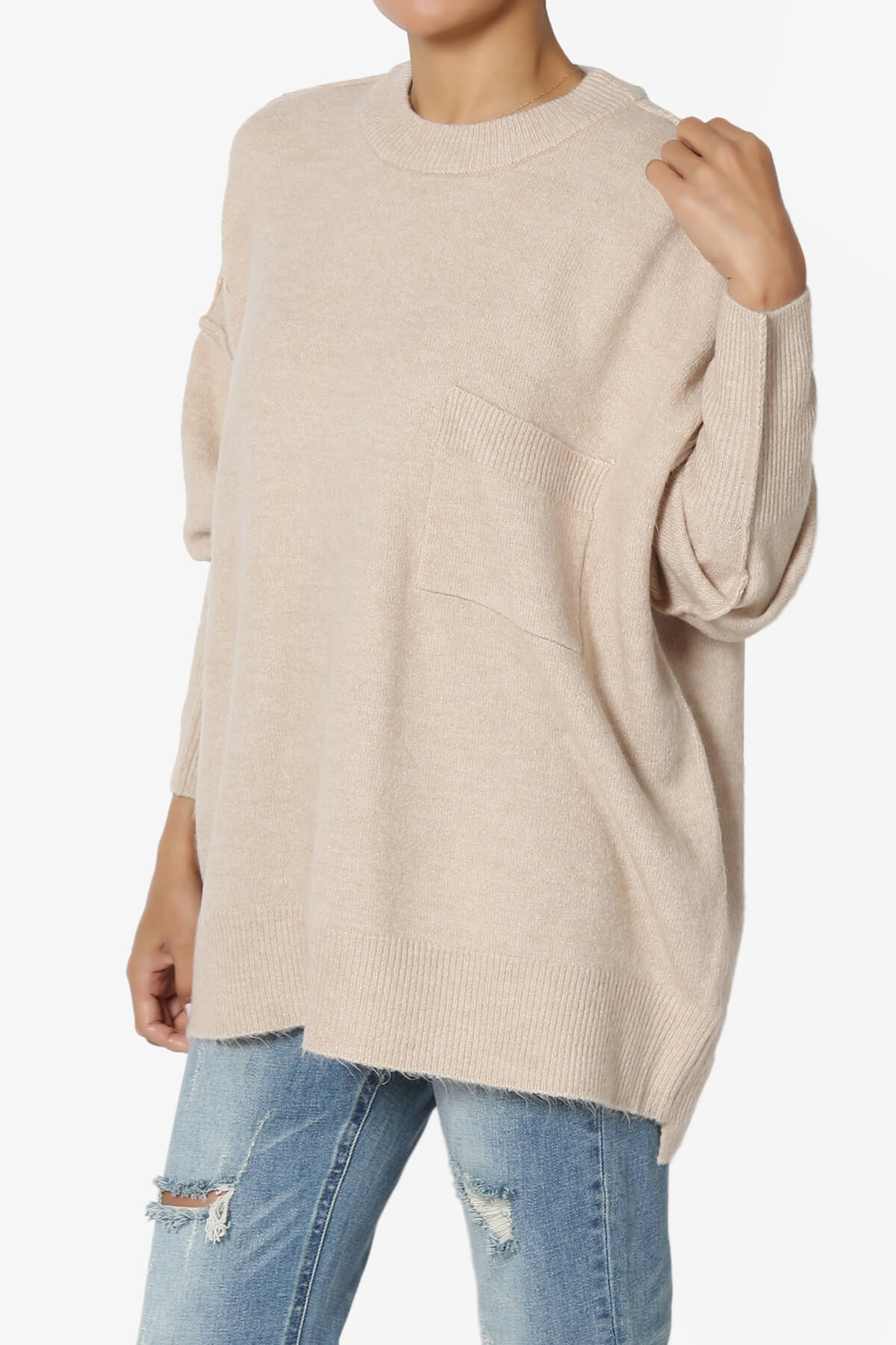 Taryn Oversized Crew Neck Pullover Sweater HEATHER BEIGE_3