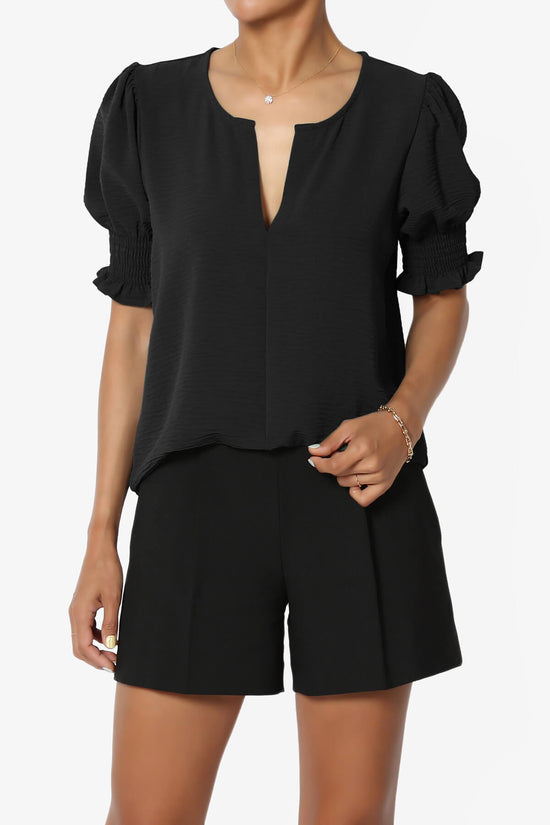 Load image into Gallery viewer, Tori Cool Woven Puff Short Sleeve Top BLACK_1

