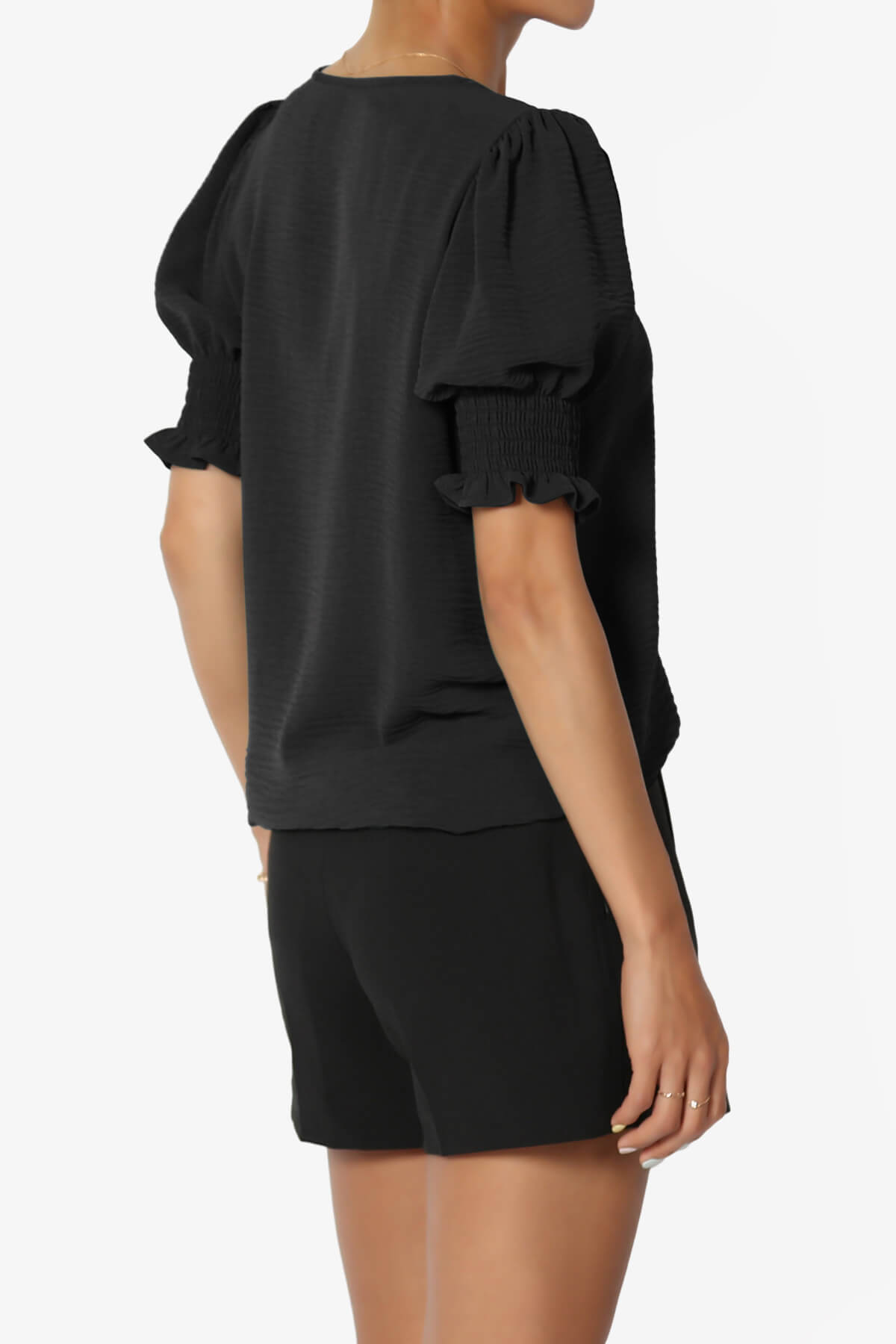 Load image into Gallery viewer, Tori Cool Woven Puff Short Sleeve Top BLACK_4
